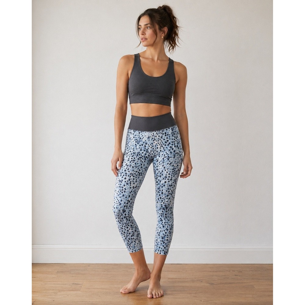 PRISMSPORT Active Blue‎ Abstract Dot Print Cropped Leggings Capri Grey Waistband